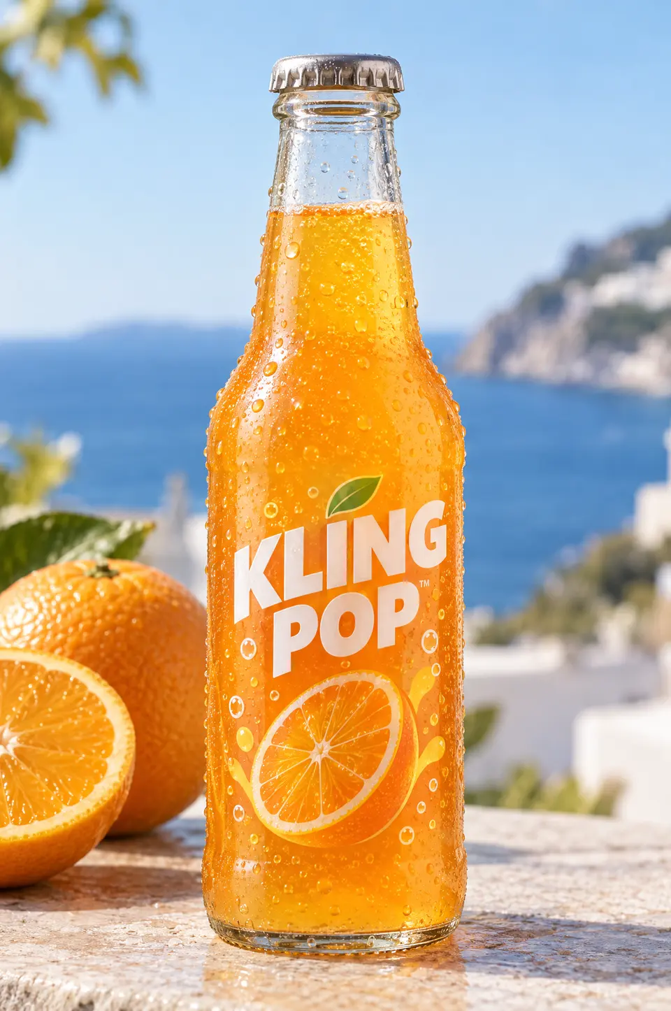 오렌지 옆에 놓인 오렌지색 Kling Pop 병 사진